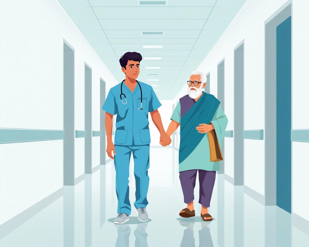 Verified hospital helper guiding an elderly patient